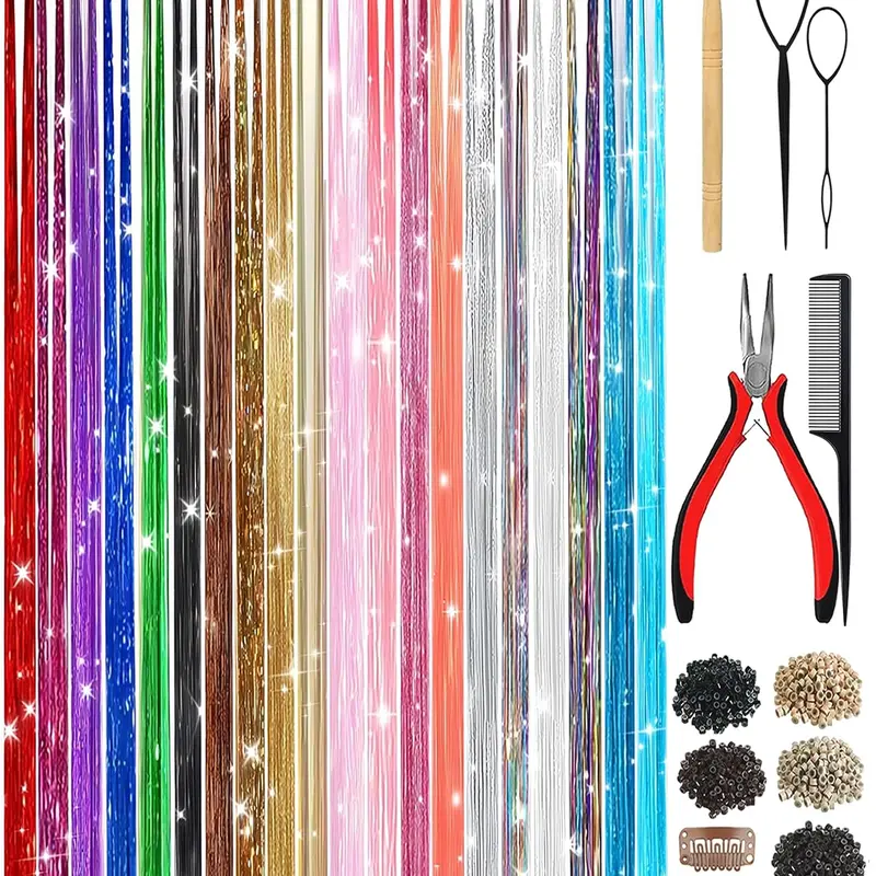 20 Colors Golden Silver Thread Hair Accessories Set, 5200 Pcs Glitter Hair Decorations for Holidays and Parties, Tinsel Hair Extensions