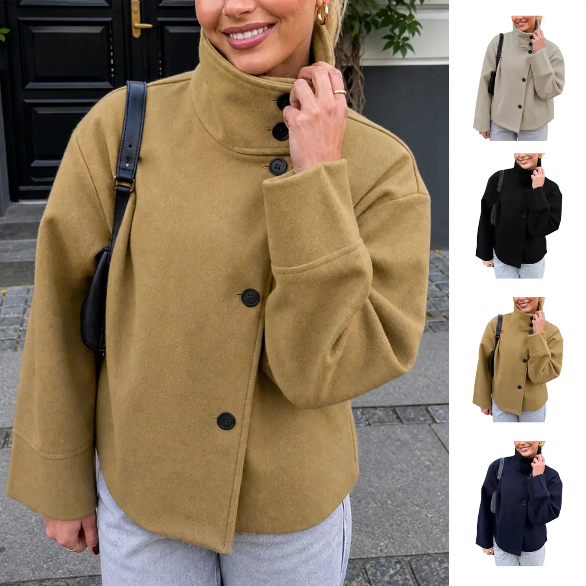 Ommig Women's Cropped Wool Blend Pea Coat, Casual Loose Fit Outerwear with Lapel Collar for Autumn Winter, Tops