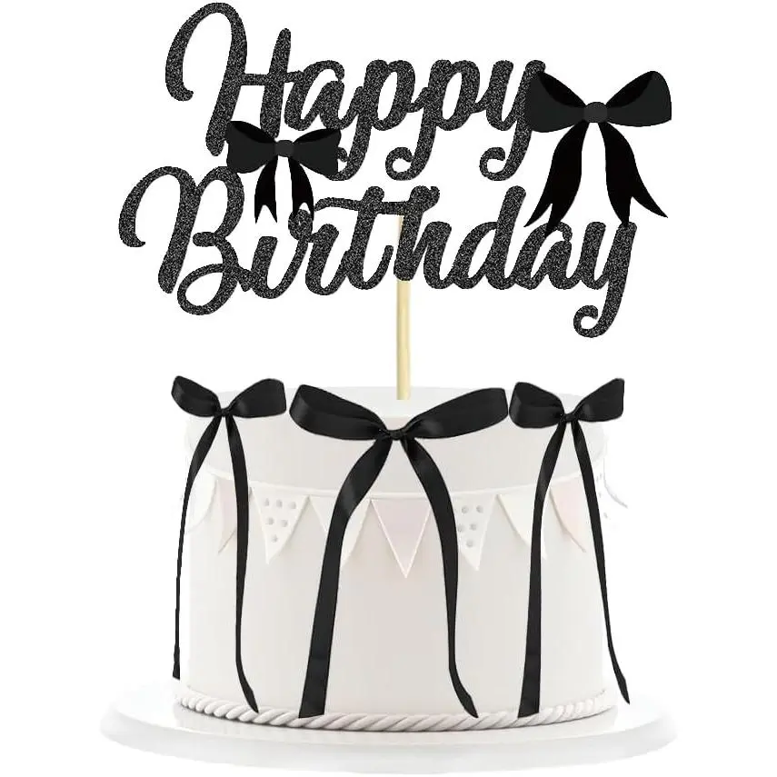 11 count Black Bow Cake Toppers, Happy Birthday Sign, 10 count Ribbion Bow Cupcake Toppers for Black Bow Birthday Decorations,  Shower, Bridal Shower, Graduation Party