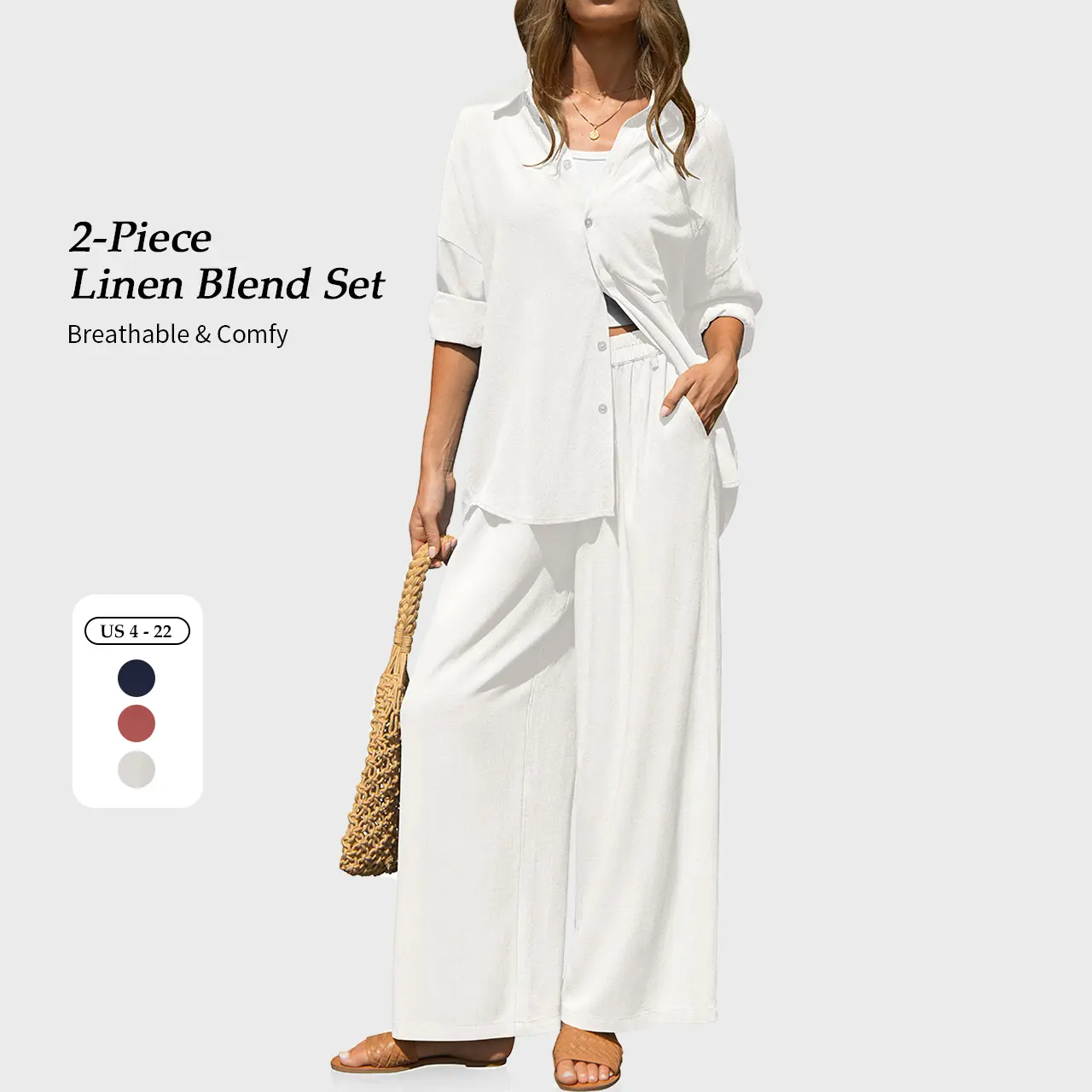 【SS26 Collection】TARSE Women's Linen 2 Piece Outfits Casual Lounge Sets Long Sleeve Button Down Shirts Wide Leg Pants Vacation Set