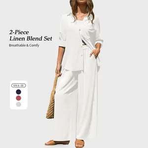 【SS26 Collection】TARSE Women's Linen 2 Piece Outfits Casual Lounge Sets Long Sleeve Button Down Shirts Wide Leg Pants Vacation Set