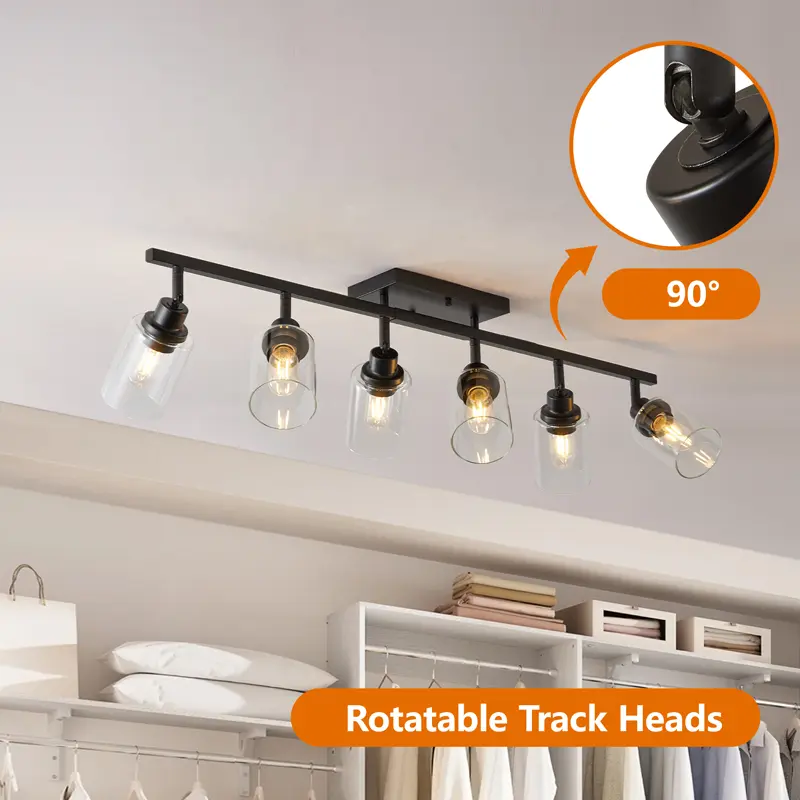 5-light black semi flush mount ceiling light, adjustable rotatable track lighting with clear glass shades for kitchen island and bathroom vanity