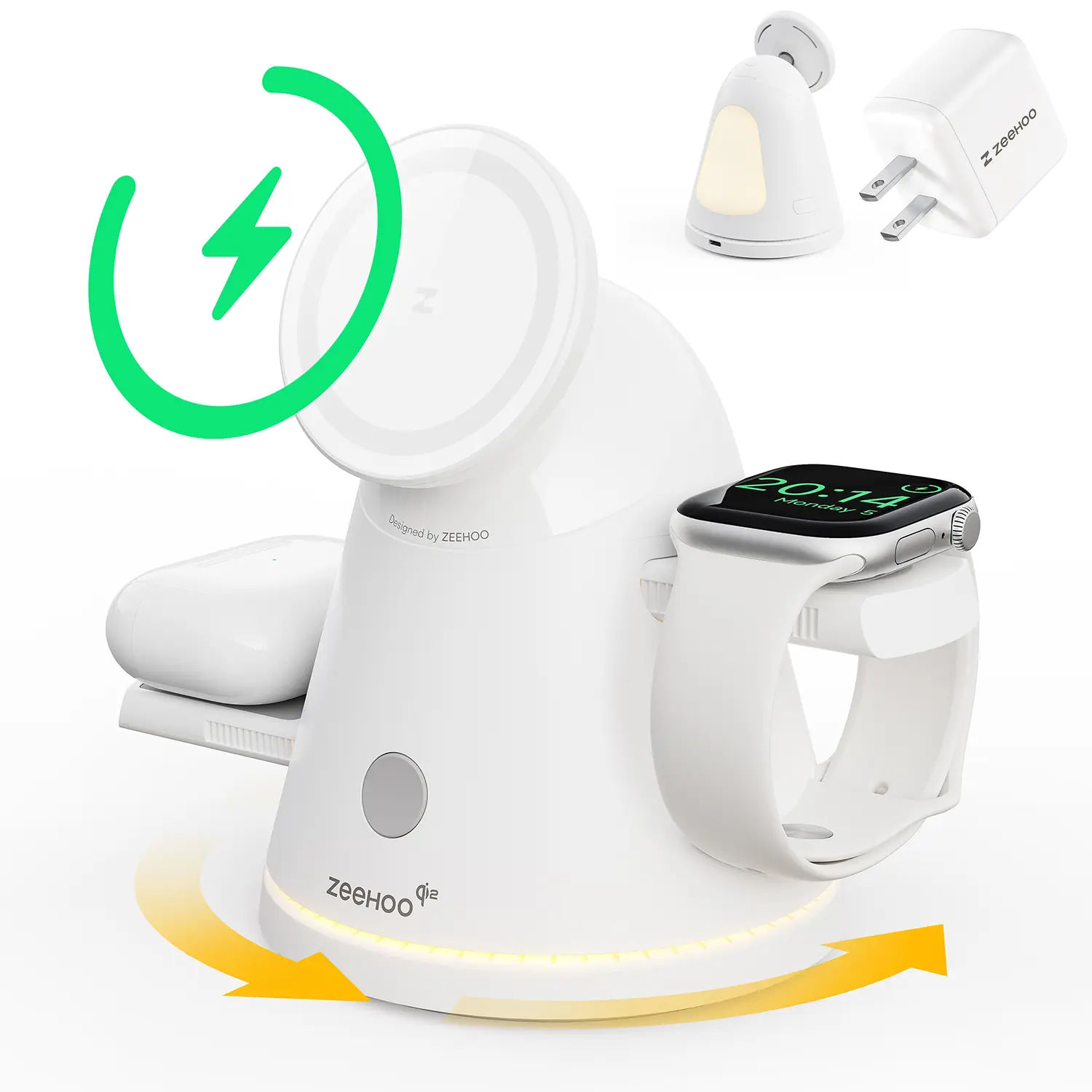 ZEEHOO 4-in-1 Wireless Charger - 15W Qi2 MagSafe Fast Charger with 360° Rotating Phone Holder, Dimmable Light, 30W Adapter for Phones, Earbuds, Smart Watches, Headphones & Wearables, Fast Chargers