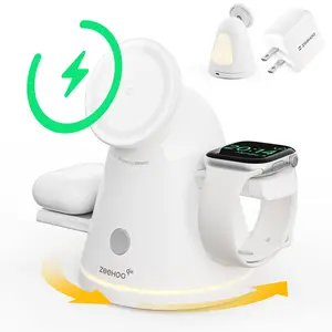 ZEEHOO 4-in-1 Wireless Charger - 15W Qi2 MagSafe Fast Charger with 360° Rotating Phone Holder, Dimmable Light, 30W Adapter for Phones, Earbuds, Smart Watches, Headphones & Wearables, Fast Chargers
