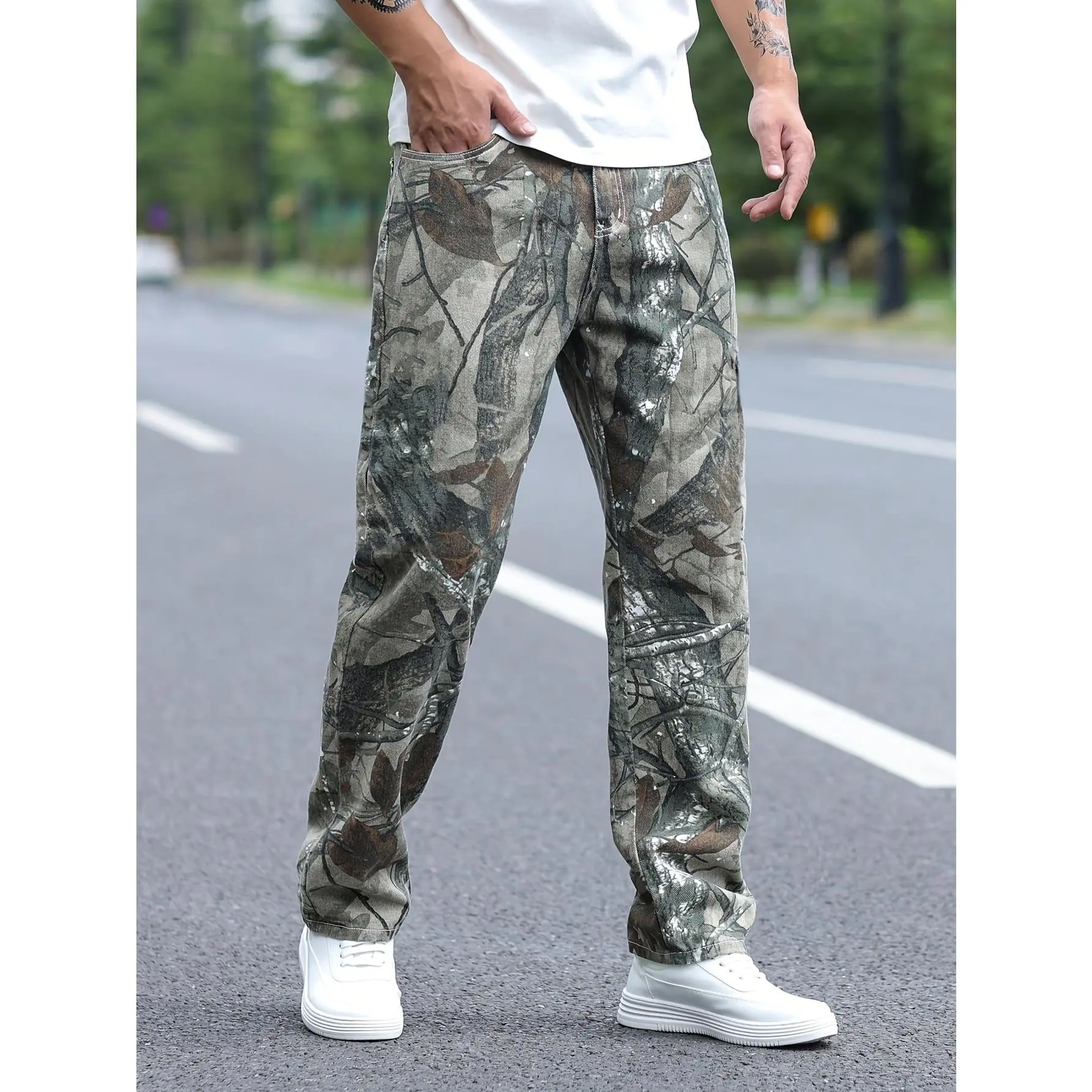 Men's Camouflage Streetwear Cargo Pants, Casual Loose Fit Straight-Leg Joggers for Outdoor Hiking and Travel, Camouflage Streetwear Joggers