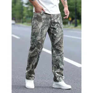1 pair of men's casual camouflage printed straight-leg pants, green long loose hiking pants, denim trousers