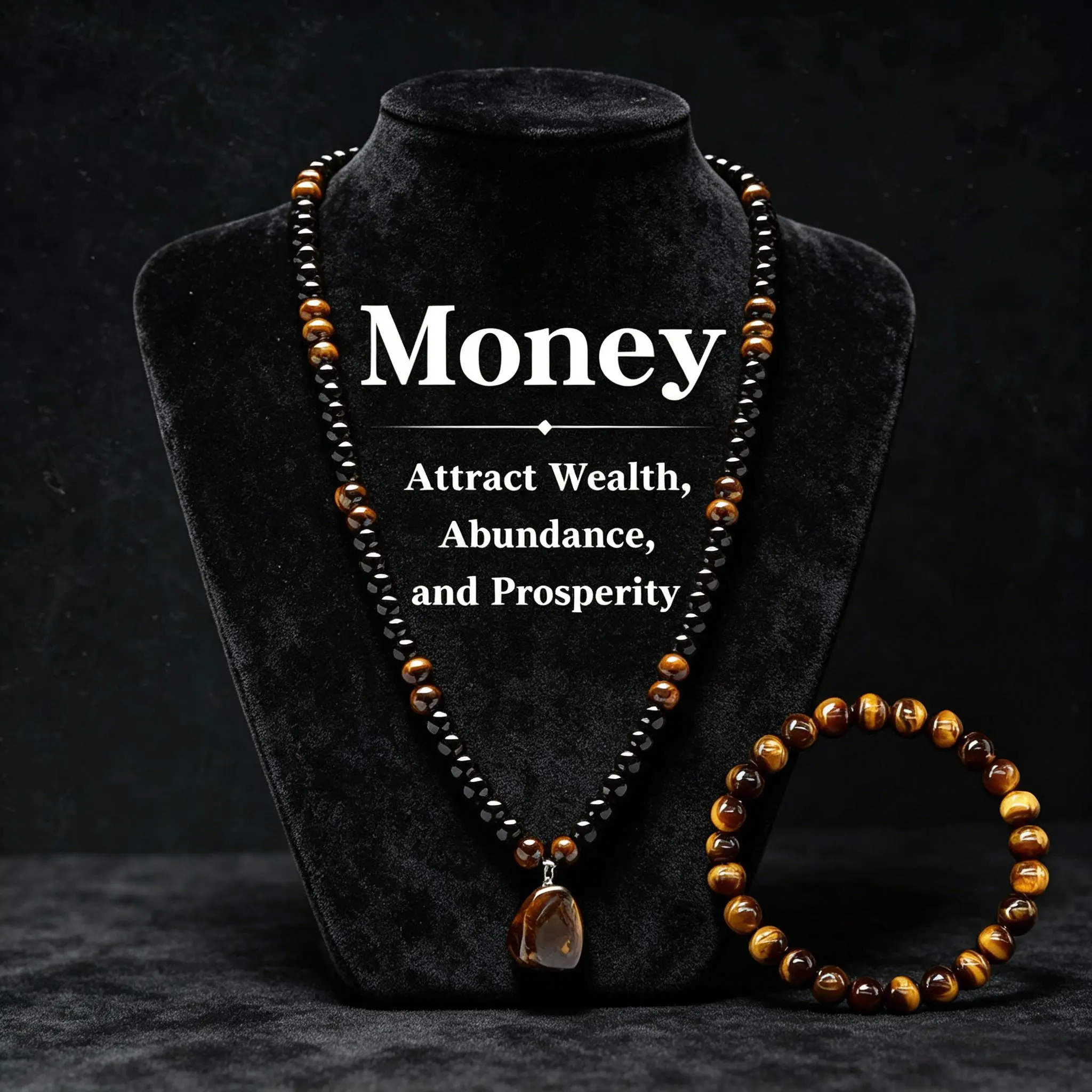 Unisex Beaded 2-Piece Jewelry Set, Crystal and Stone Mix Pendant Necklace and Matching Bracelet for Adults, Two Piece Set, Tiger Eye