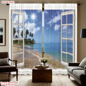 2D Flat 2Pcs Tropical Ocean Beach Palm Tree View Window Curtains, Artistic Seascape Scenery Print Drapes for Living Room Bedroom Decor, Home Accessories