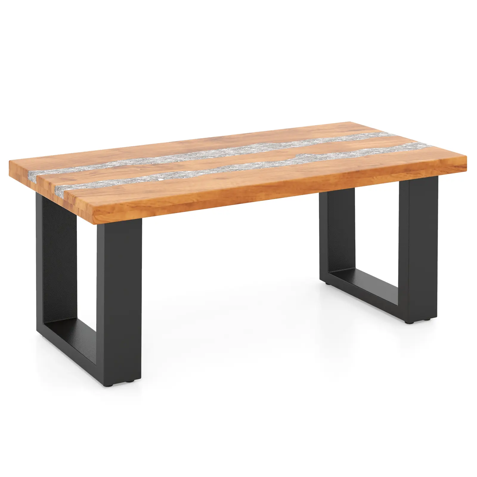 COSTWAY - Teak Wood Patio Table with River Feel Epoxy Tabletop