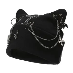 Y2k Goth Beanie Hats for Women Winter Punk Emo Grunge Cat Ear Knitted Cap Gothic Streetwear Halloween Accessories