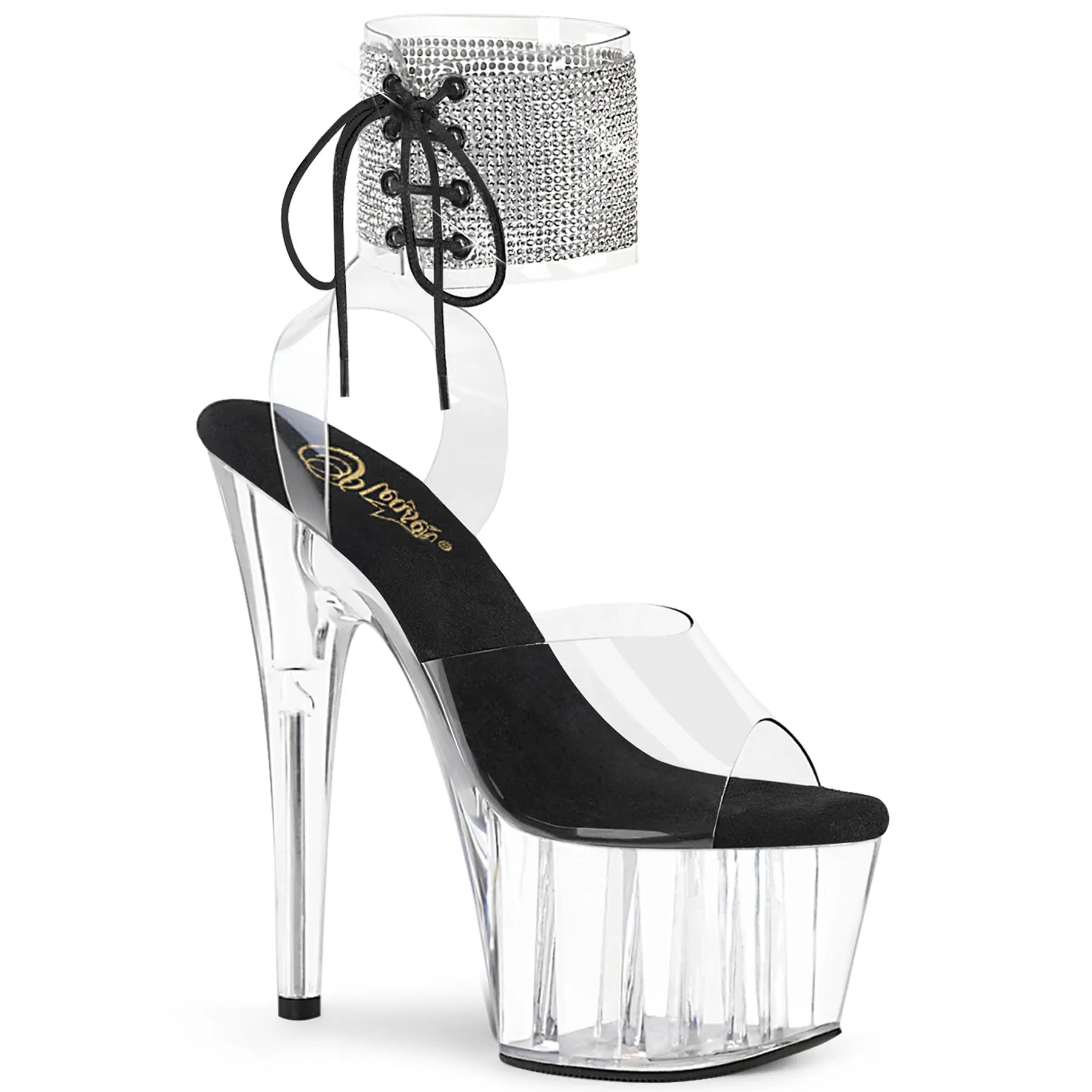 Pleaser Adore-791-2RS Women's Decor-Accented Classy Fashion Platform Sandals, Heels for Women, Elegant Heels, Black/Clear All-Season Footwear