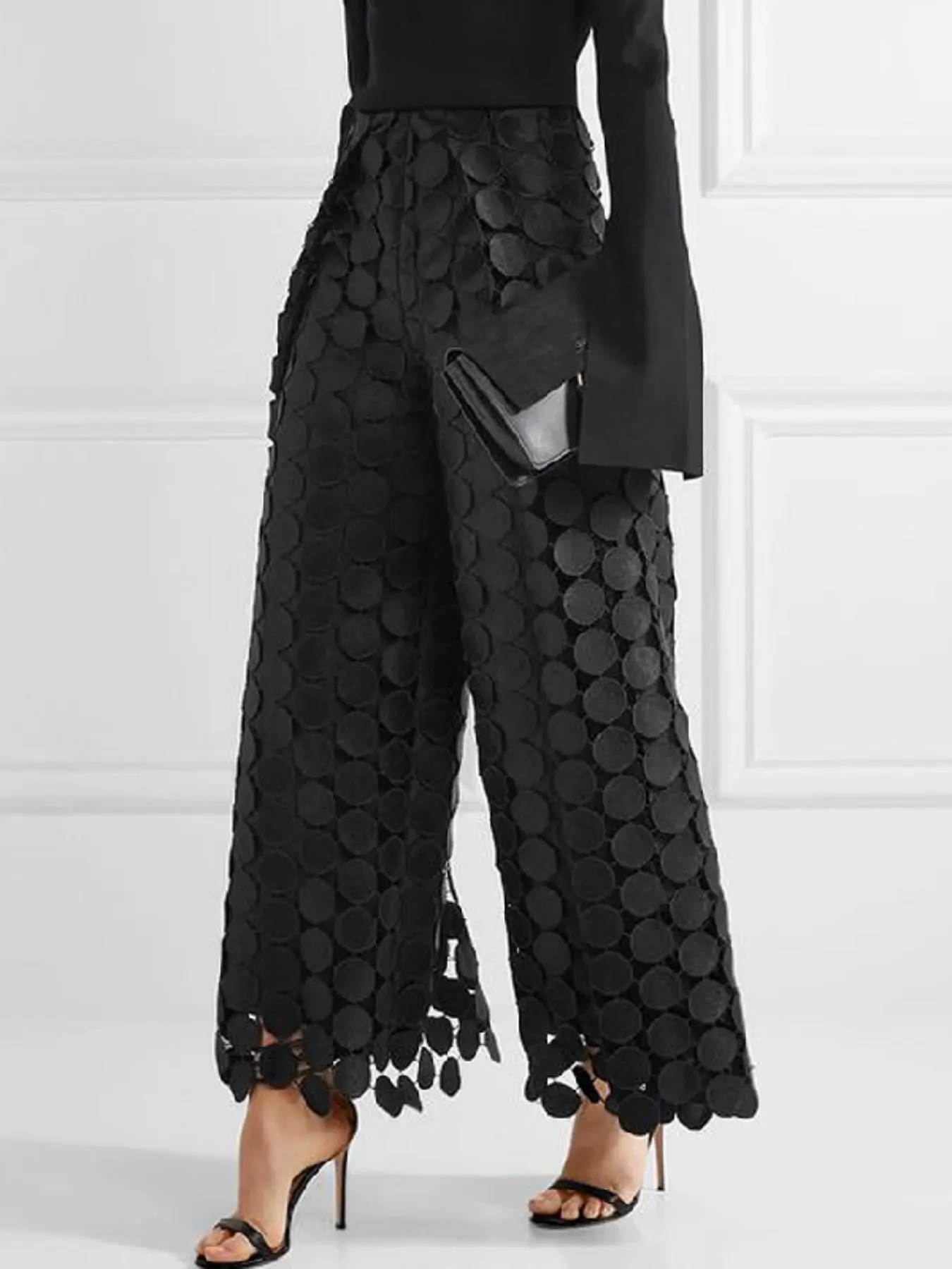Women's Plain Black Hollow Out Wide Leg Pants Womenswear, Casual Streetwear Pants, Casual Fit Trousers, Casual Chic Elegant Comfy Loose High Waist Trousers for Daily Wear, Ladies Bottoms for All Seasons