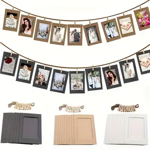 Included 10pcs Paper Photo Frames and 10pcs Clips and 1pc Hemp Rope, Vintage Cowhide Hanging Paper Black Photo Frame, Flag Banner with Twine Clip Home Decor Party Decor