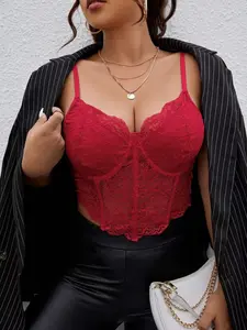 Plus Size Lace Corset Crop Top for Women, Womenswear, Sexy Underwire Boning Bustier Camisole with Sheer Floral Lace Bodice, Adjustable Straps Slimming Fit Tank Top, Fall/Winter Layering Top or Spring/Summer Outerwear for Night Out & Clubwear Aesthetic