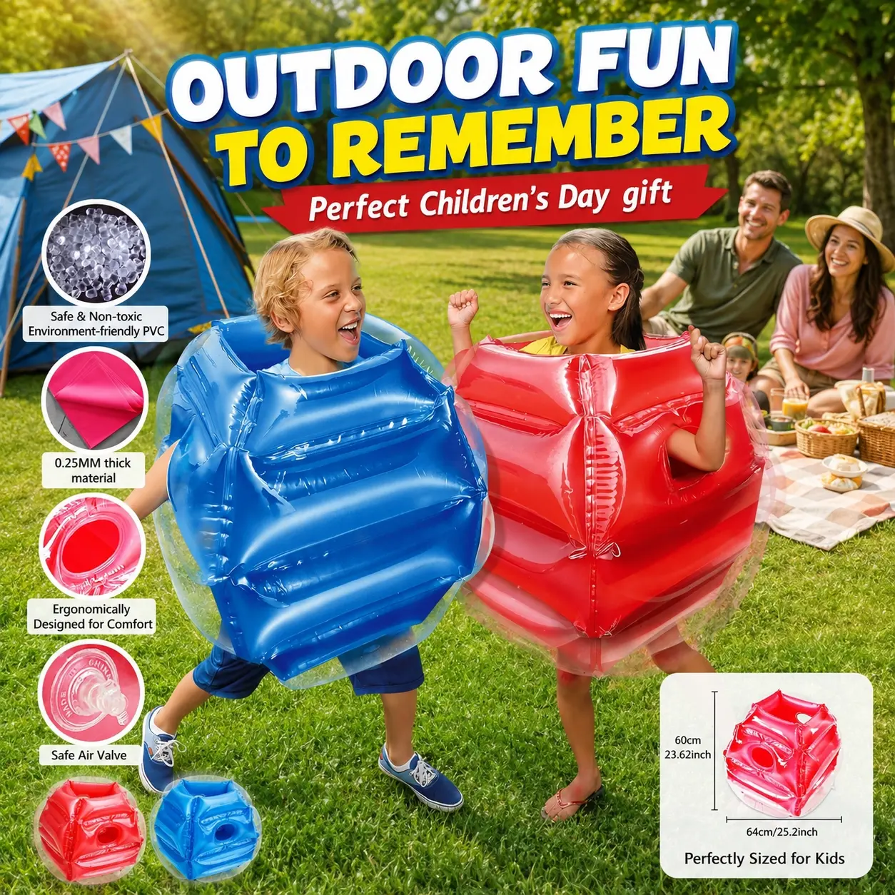 Inflatable Bounce Body Bumpers, Blue/Red PVC Bubble Bouncing Balls Collision Game, Lightweight Wearable Bumper Balls with Air Valve, 64x60cm/25x23.6in Outdoor Team Play Toy for Kids Adults, Backyard Games, Birthday Party, School Field Day & Team Building