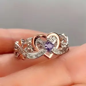 Heart-Shaped Purple Zirconia Silvery And Rose Golden Two-Tone Ring