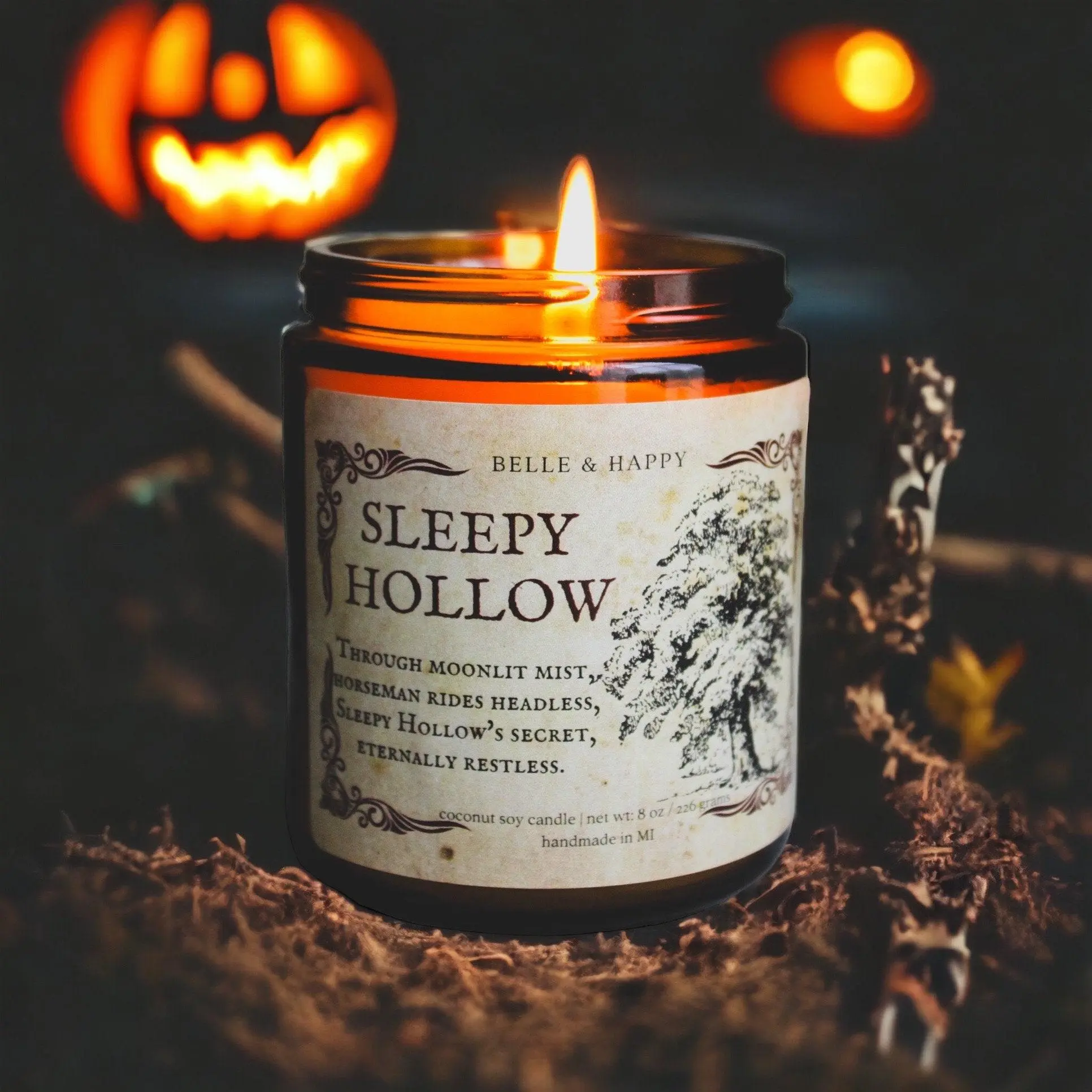 Sleepy Hollow Candle, Pumpkin Bourbon Autumn Scent, Gothic Halloween Home Fragrance, Spooky Fall Decor and Halloween Gift