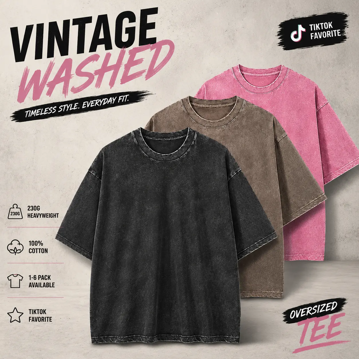 Women's Oversized Acid Wash Heavyweight Cotton T-Shirt, Plain Round Crewneck Short Sleeve, Soft Breathable Baggy Unisex Top for Gym Workout Daily Wear, 1-6 Pack Available, Round Neck Menswear Beige