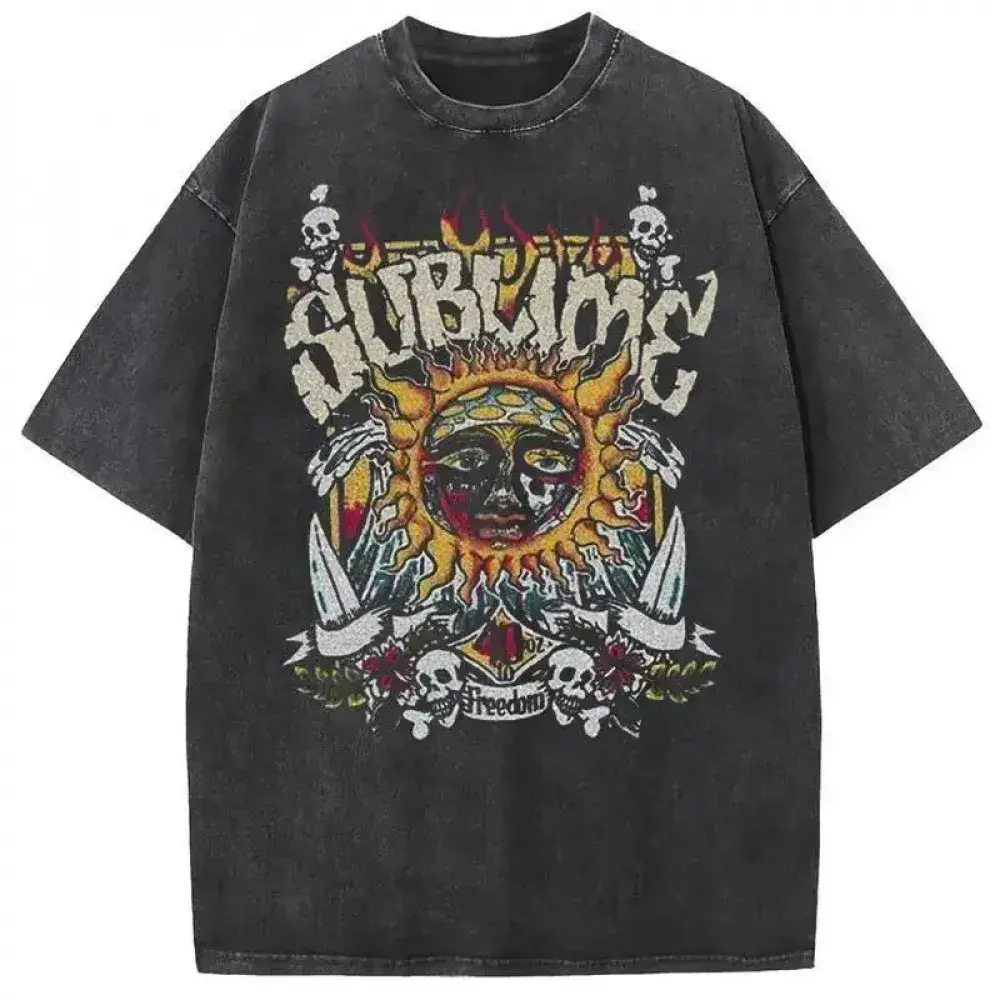 Sublime Sun vintage washed distressed oversized crewneck T-shirt, retro ’90s reggae rock streetwear, unisex casual everyday top for men and women