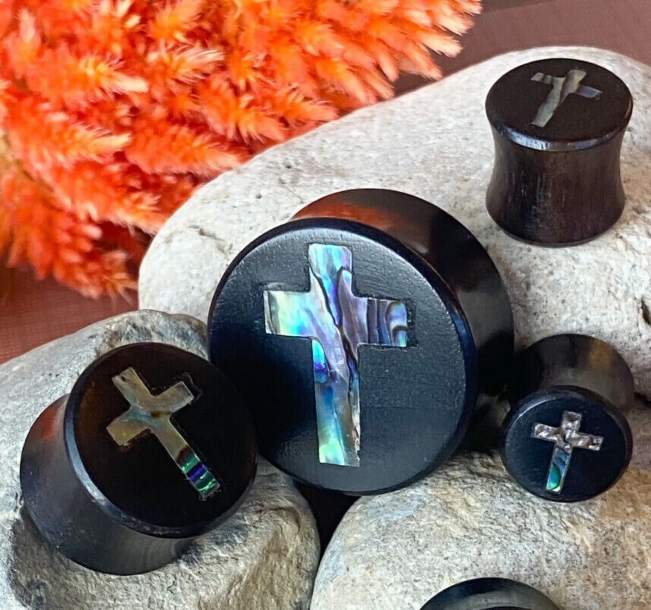 PAIR of Stunning Abalone Shell Cross Inlay Black Wood Saddle Plugs/Tunnels - Gauges 0g (8mm) thru 1" (25mm)
