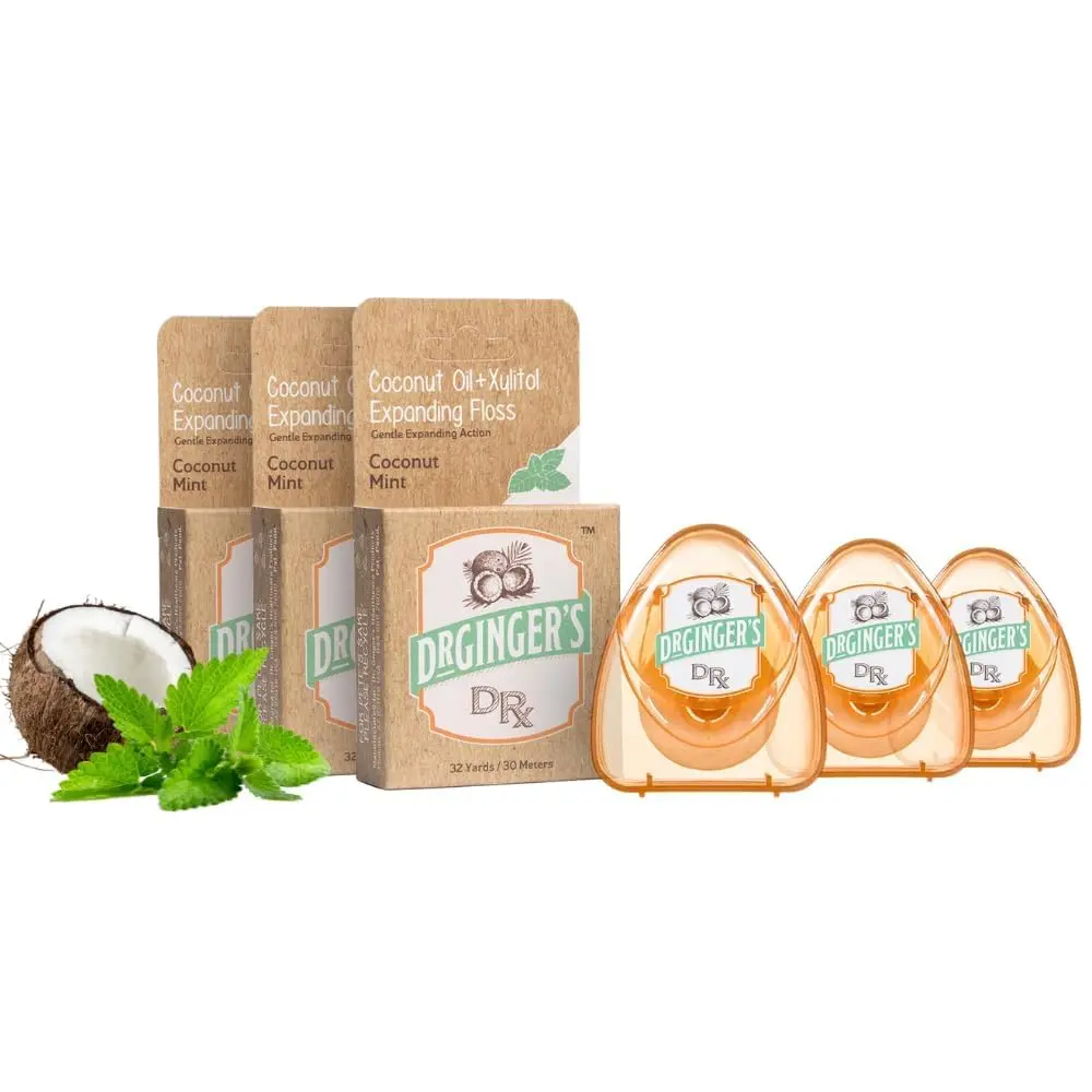 3 Pack Dr. Ginger's Coconut Powered Expanding Floss | Expanding Dental Floss Infused with Organic Coconut Oil & Xylitol, Whole Mouth and Gum Wellness Support, Gentle Deep Clean, Clean Whitening, Coconut Mint