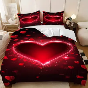 3-piece bedding set - Happy Valentine's Day Red Heart Sparkling Down Comforter Set (1 comforter cover + 2 pillowcases, filling not included) - A perfect gift for family and friends, soft and comfortable, suitable for family bedrooms and guest rooms.