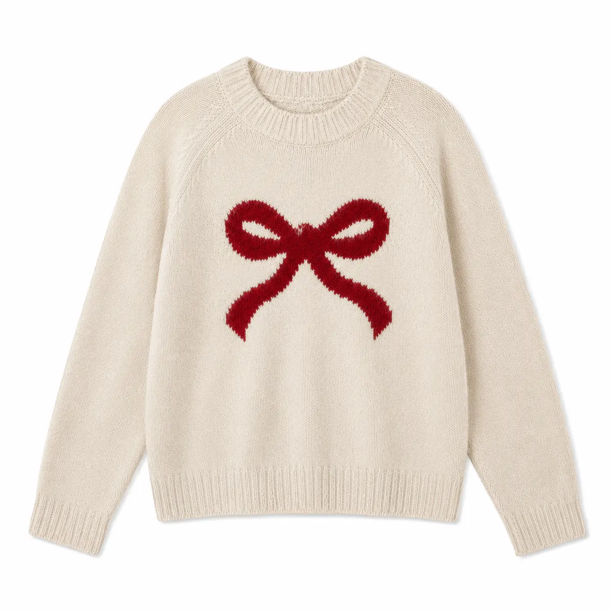 Women’s Ivory Bow Graphic Knitwear, Red Coquette Bow Round Neck Long-Sleeves Pullover, Cute Casual Fall Winter Clothes – Perfect for Pairing with Jeans