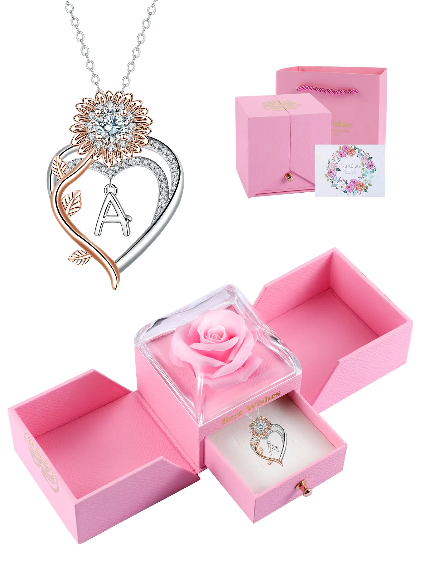 Mother's Day Gift Sunflower Initial Love Heart Elegant Copper Pendant Necklace with Rose Jewelry Box, Letter Pendant for Women, Mother's Day Birthday Christmas Gift, Exquisite Jewelry Gift