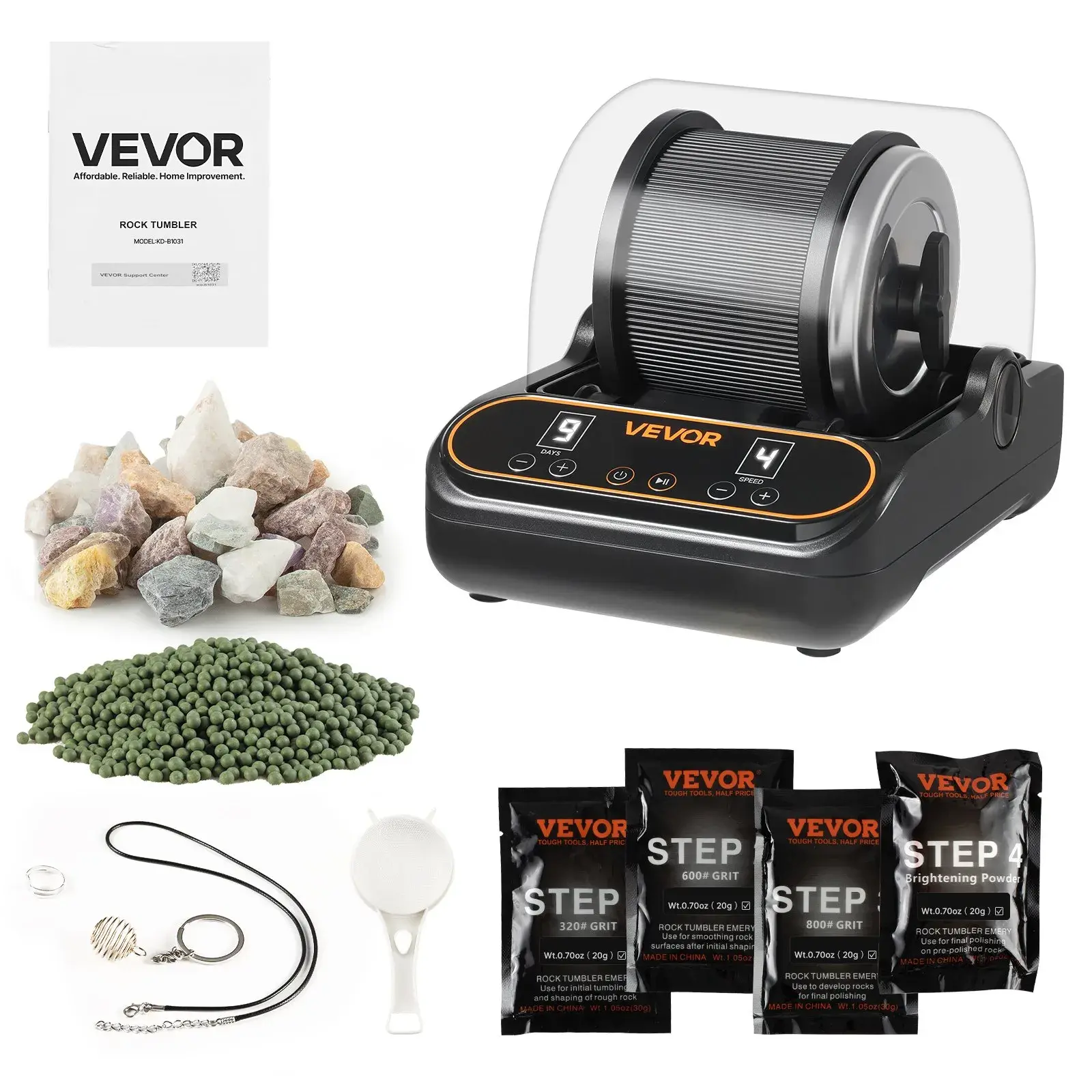 【Summerfinds】VEVOR Rock Tumbler,1 lb Rock Polishing MachineRocks Tumbling Kit with 4-Speed Adjustment1–9 Day TimerPC Sound Reduction Cover & TPU DrumDirect Drive Motor Rocks PolishingQuiet Operation