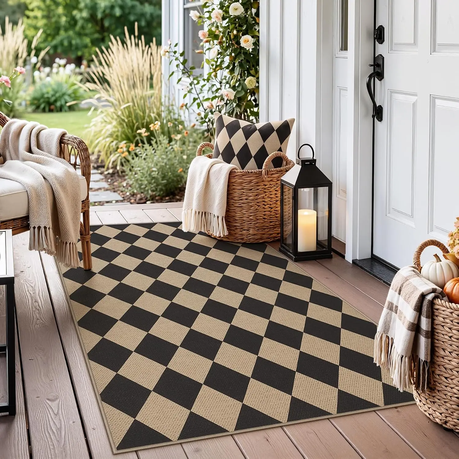 Tribesigns 3x5 Black Checkered Easy Jute Outdoor Patio Rugs for Porch | Washable, Non-Slip Diamond Rug for Front Door, Kitchen, Backyard, Entryway and Indoor Outdoor Spaces, Includes 4 Rug Grippers
