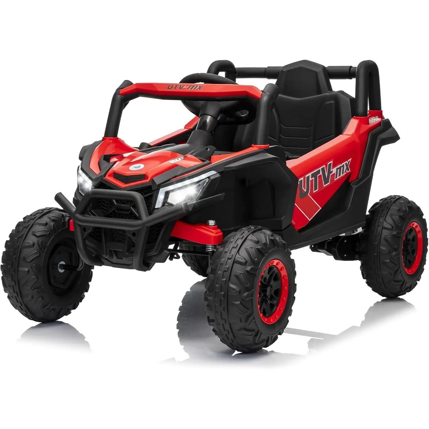 【Christmas Gift】Red 12V Kids Ride On UTV Truck With Remote Control 4WD/2WD Switchable Four Motors Spring Suspension Eva Tires Led Lights Music And Safety Belt Red