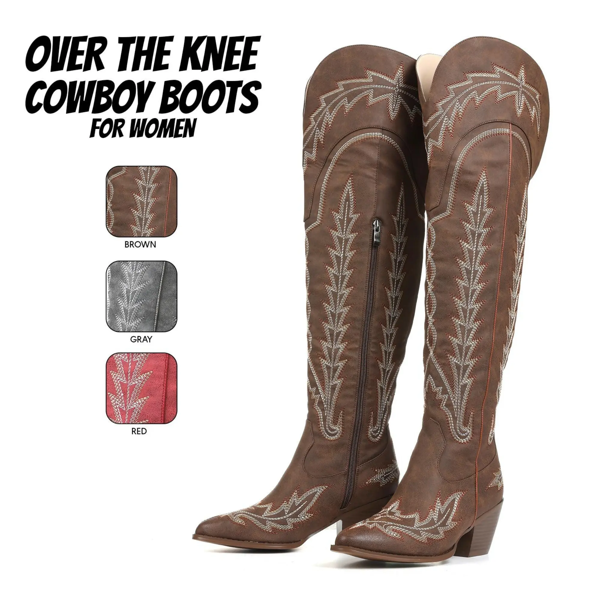 Cowboy Boots for Women Over The Knee Western Cowgirl Boots Pointed Toe Embroidered Vintage Chunky Block Heel Side Zipper Long Tall Retro Classic Country Wedding Party Work Casual Outdoor Dressy Fashion Boots