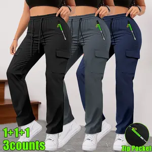 Women’s 3-pack cargo pants for spring/autumn, featuring a green colorway and zippered pockets; stylish design with large patch pockets and a drawstring elastic waistband. Casual outdoor long pants suitable for jogging and everyday wear.