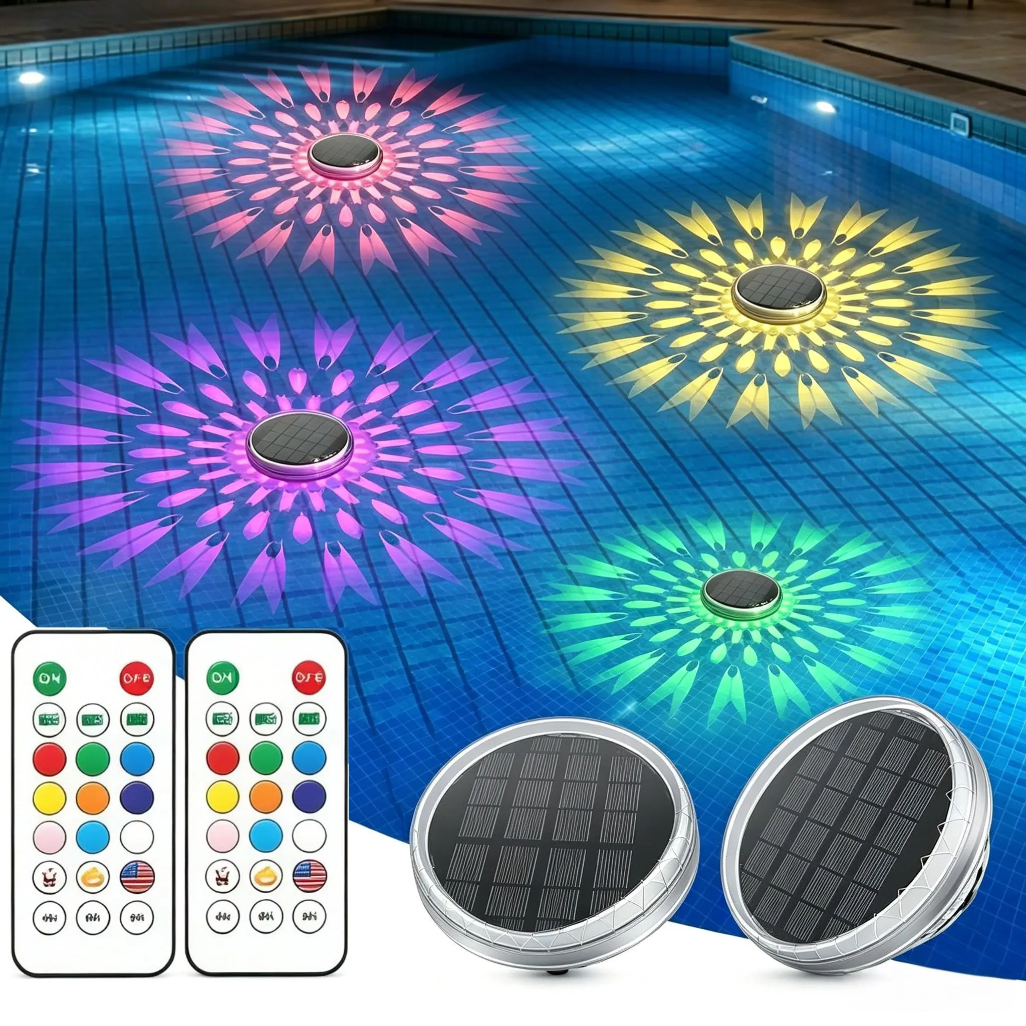 1PC/2PCS Solar Floating Pool Lights - Timing Mode Waterproof RGB 9 Lighting Color Changing LED Light with Remote Control, Battery Powered Floating Lamp for Above Ground Pools, Swimming Pool, Pond, Garden Shower Decor, Outdoor Decorative Underwater Lamps