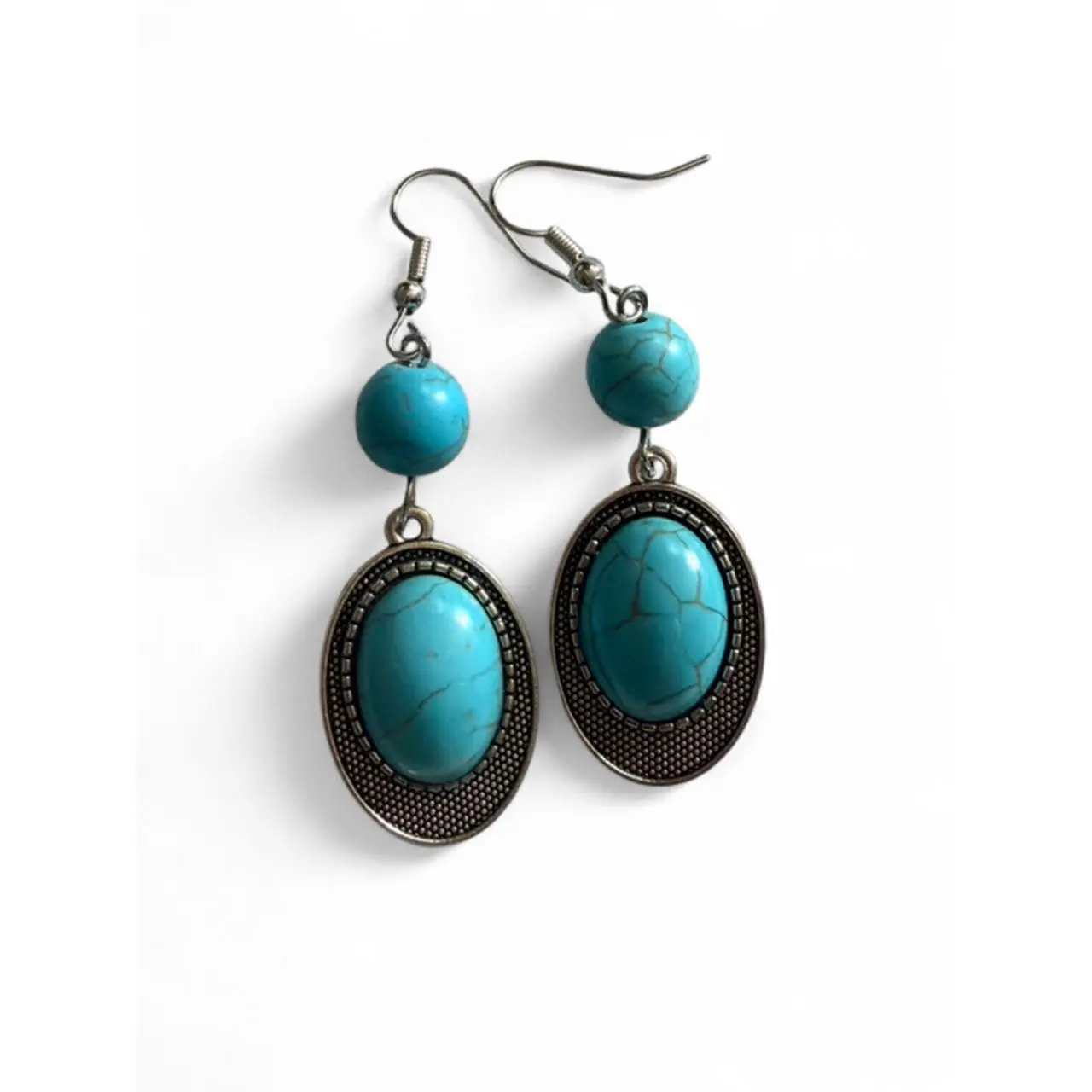 Turquoise Bead Earrings with Oval Turquoise Stone and Metal Frame