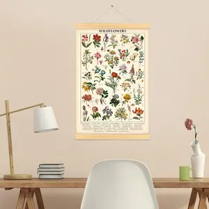 Vintage Wildflowers Poster Botanical Wall Art Prints Colorful Rustic Style Floral Wall Hanging Illustrative Reference Flower Chart for Living Room Office Bedroom Decor