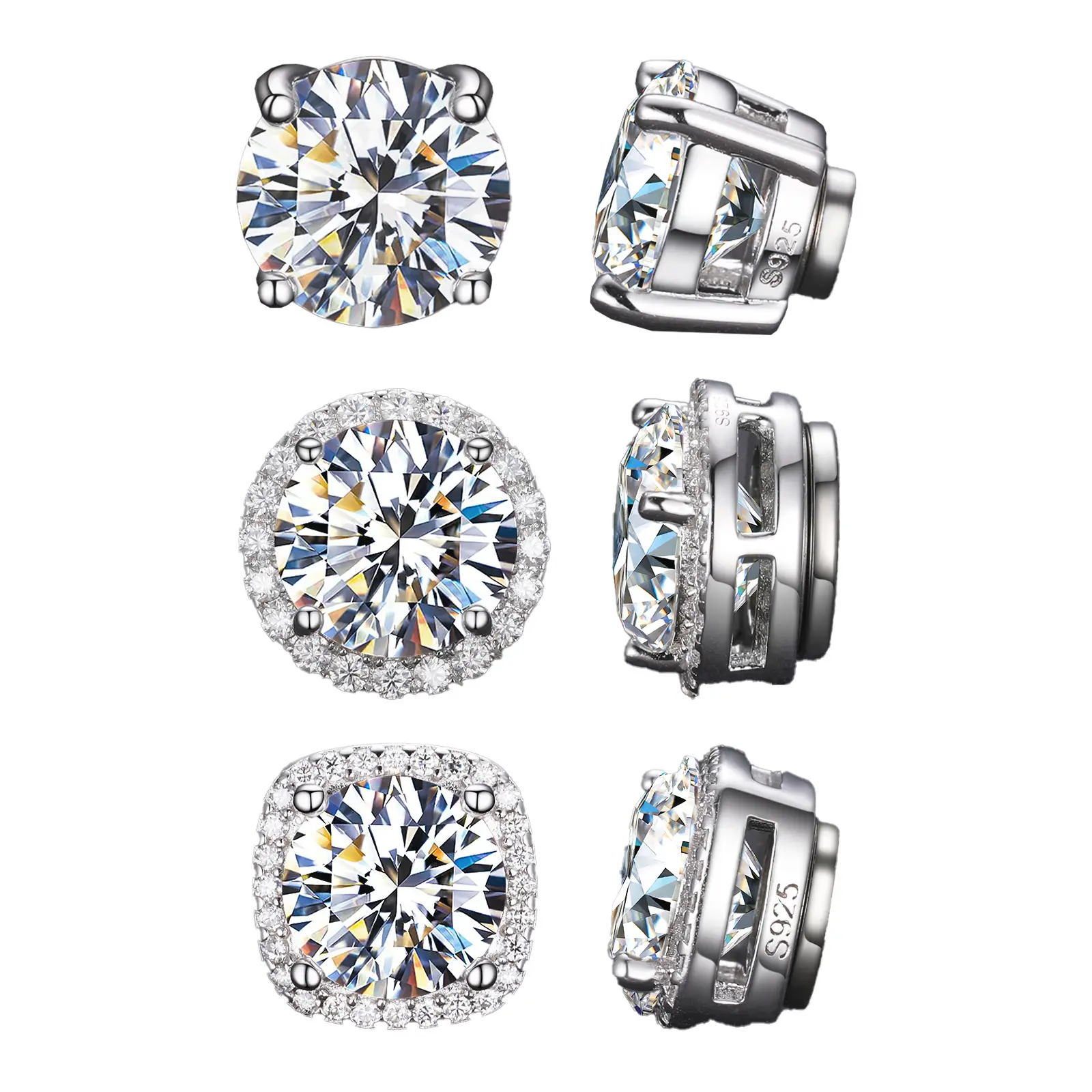 UCCIYO 1 Pair of S925 Silver Stainless Steel Magnetic Stud Earrings, Unisex, No Piercing Required, Synthetic Moissanite Gemstones, 5-8mm.E205 E206 E206