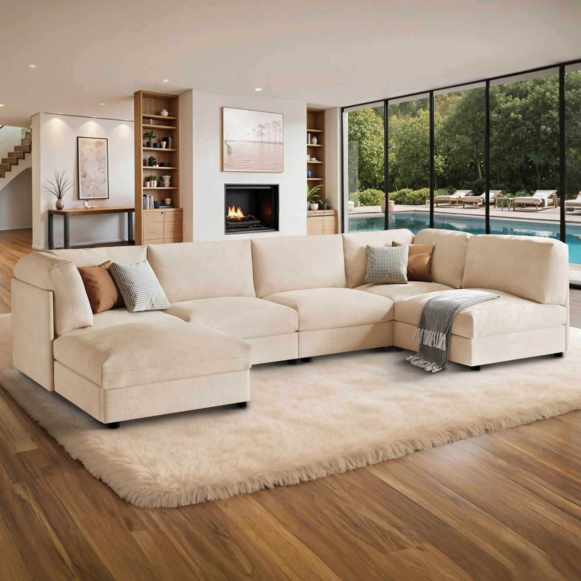 [SummerSale] AMERLIFE 148" Wide U-Shaped Modular Sectional Sofa, Convertible Oversized Couch with Ottoman for Living Room, Easy Assembly, Flexible Layout, Scratch-Resistant Linen, Beige