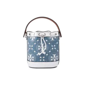 Women's Tory Burch Mini Pearl Blue Bucket Handbag - T Monogram Embossed, Denim Jacquard with Calfskin Trim, Drawstring Closure, Detachable Strap