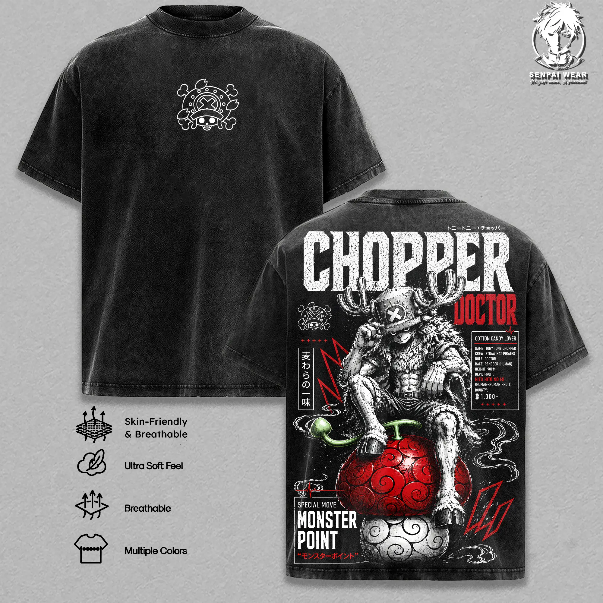 Chopper Graphic Tee OP Anime Vintage Washed Shirt Unisex Streetwear Anime Merch Pirate Doctor Tee Straw Hat Doctor T-Shirt Gift for Anime Lovers Fans