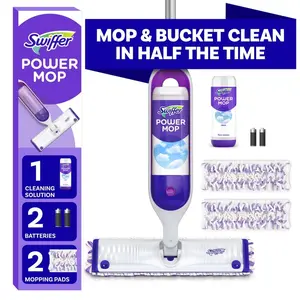 Swiffer Power Mop Floor Cleaner Set for Tile Vinyl Laminate Wood with 1 Solution 2 Batteries 2 Mopping Pads