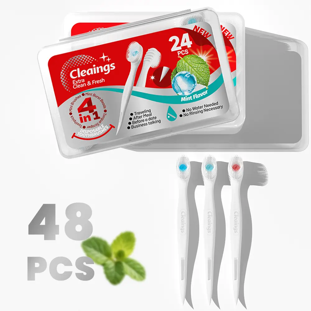 Cleaings 48 PCS Disposable Mini Toothbrushes Teeth Cleaning Kit - Pre-Loaded Mint Flavor Toothpaste, Toothpick, Rinse-Free, Individually Wrapped Oral Care Tools for Travel, Camping, Mouth Care & Bright Smile,