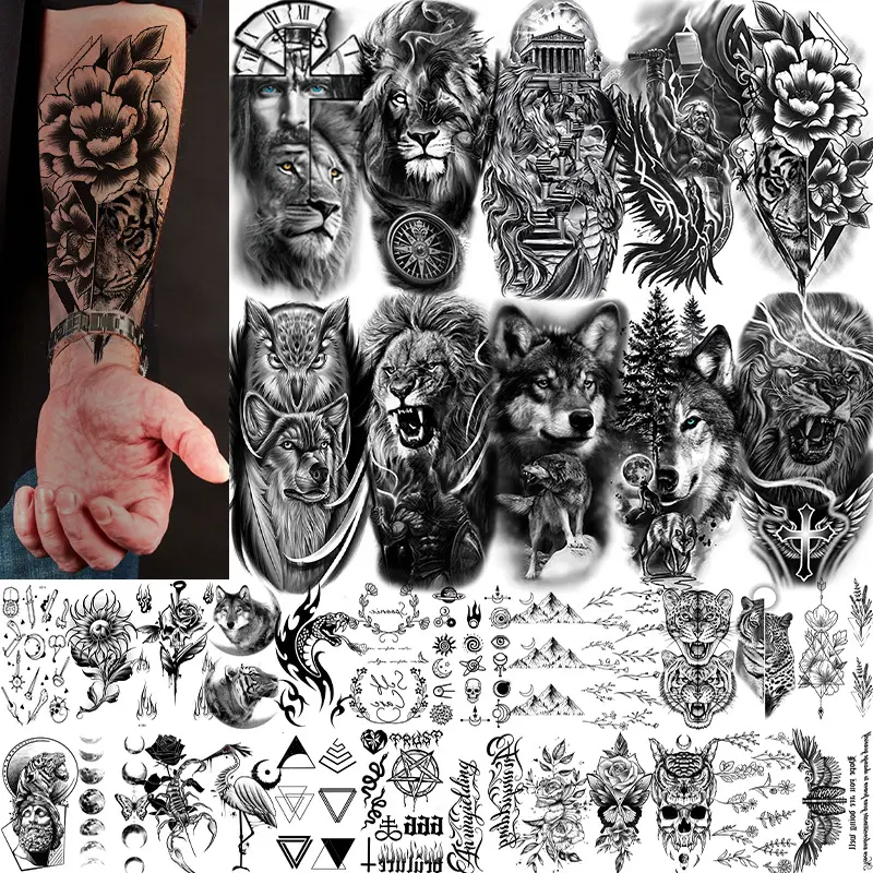 34 Sheets Waterproof Temporary Tattoos Stickers,Long Lasting Forearm Designs Animals & Flower,Wolf, Tiger,Lion,Owl,SkeletonSkull,Etc