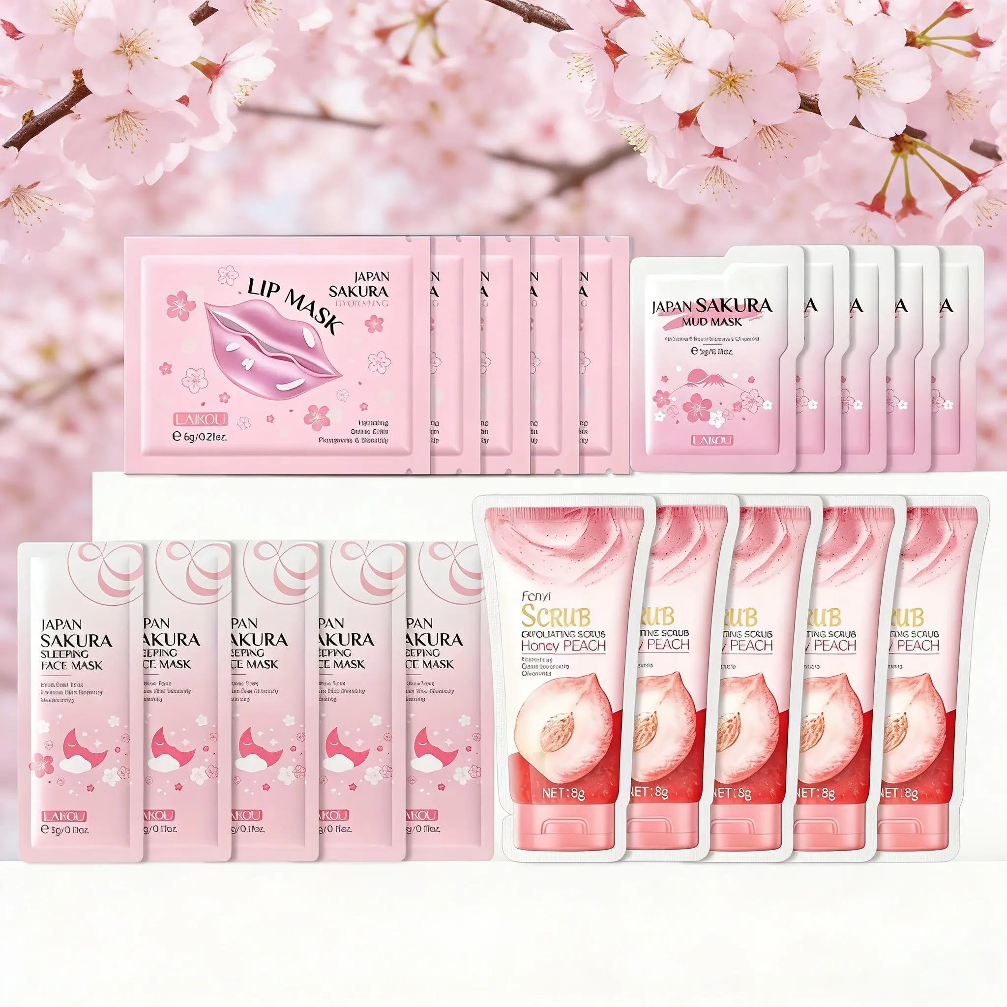 Sakura Skin Care Kit, 20 pcs/set Moisturizing Facial Masks, Lip Masks, Mud Mask & Facial Scrub, Hydrating Jelly Face Care Set for Women, Hydrate, Face Products, Moisturizer Hydrating Mask, Clear Glowing Skin, Glowing Glass Skin