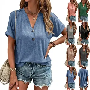 Women's Short Sleeve V Neck T-Shirts Summer Casual Button Up Tunic Tops Loose Fit Basic Tee