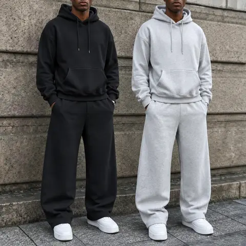Men's 2-Piece Poly-Cotton Casual Matching Set - Long Sleeve Hoodie with Drawstring Hood, Kangaroo Pocket, Loose-Fit Plain Sweatpants, Soft Skin-Friendly Menswear for Spring & Autumn, Multiple Colors Available