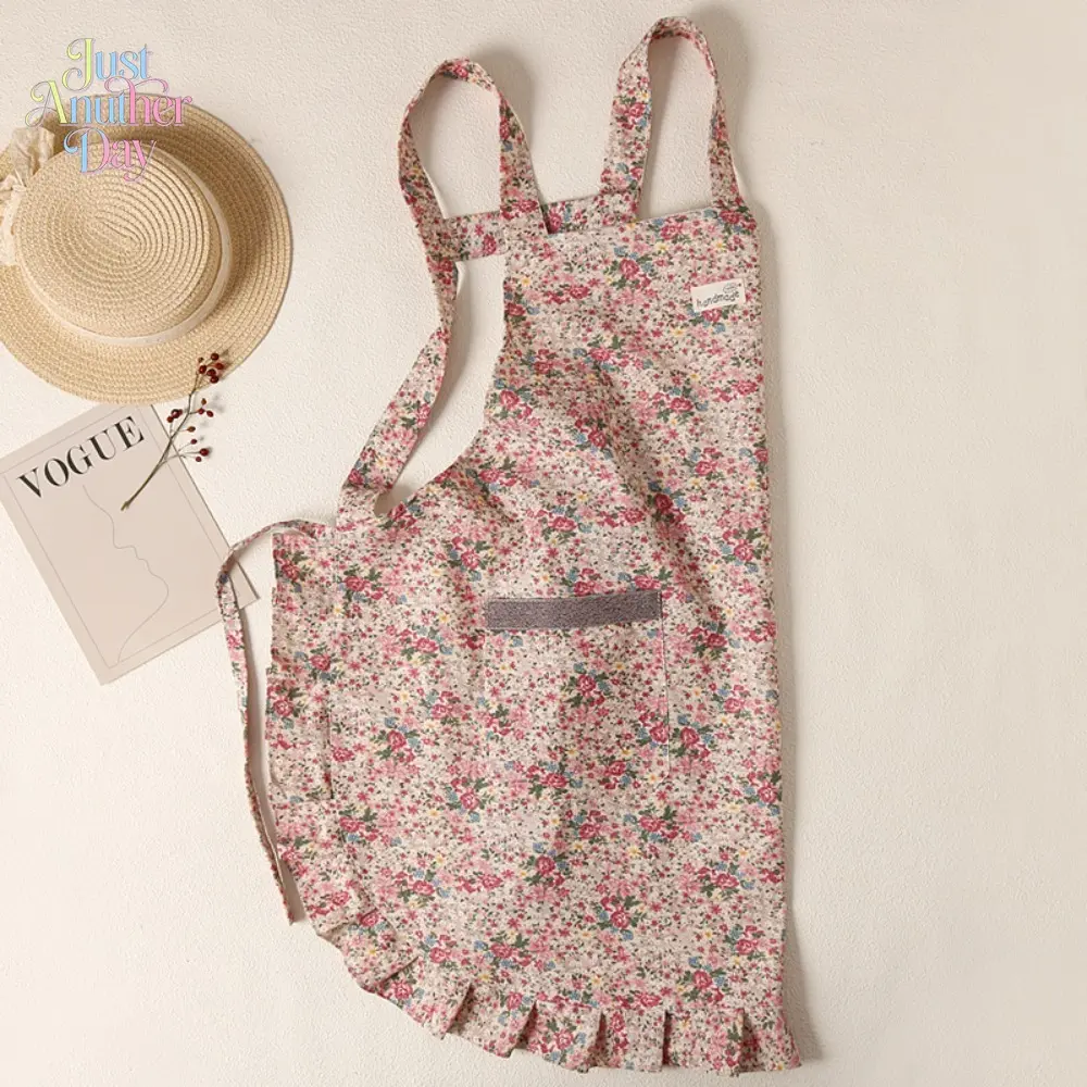 Floral Print Cotton Apron for Women, Retro Cottagecore Style Back-Belt Apron with Ruffled Hem & Pocket, Anti-Stain Kitchen Apron for Baking, Gardening & Florists