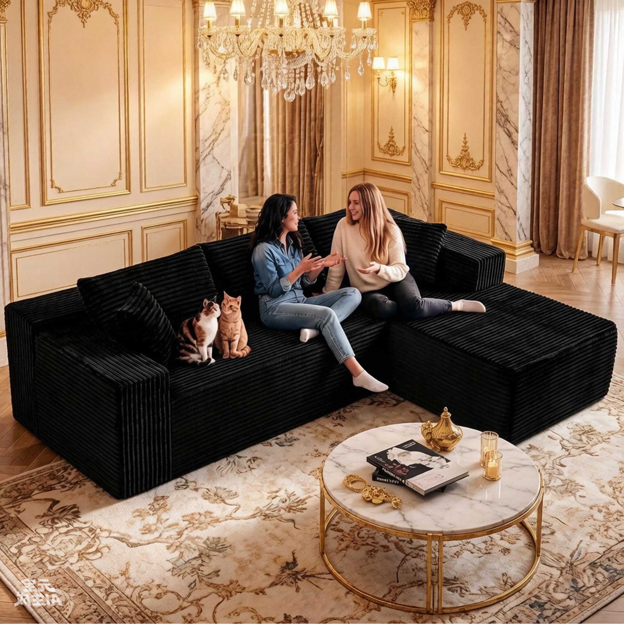 96" Cloud Couch Sofa, Sectional Sofa Couches for Living Room, Black Corduroy L-Shape Upholstered Boneless Couchs Modern Modular Sectional Couch with Chaise Lounge and Toss Pillow, No Assembly Required