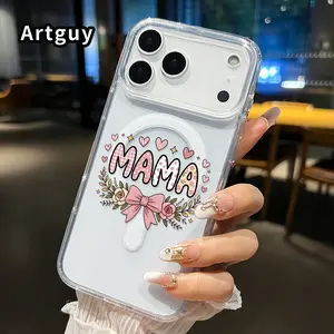 Mama's Love Charm Pattern Magnetic Phone Case for iPhone 17 16  Pro Max Plus 15 14 13 12 11 Air E Non-Yellowing Clear Crystal Drop-proof Slim Silicone Shockproof Transparent Acrylic Large Hole Cover Supports Wireless Charging