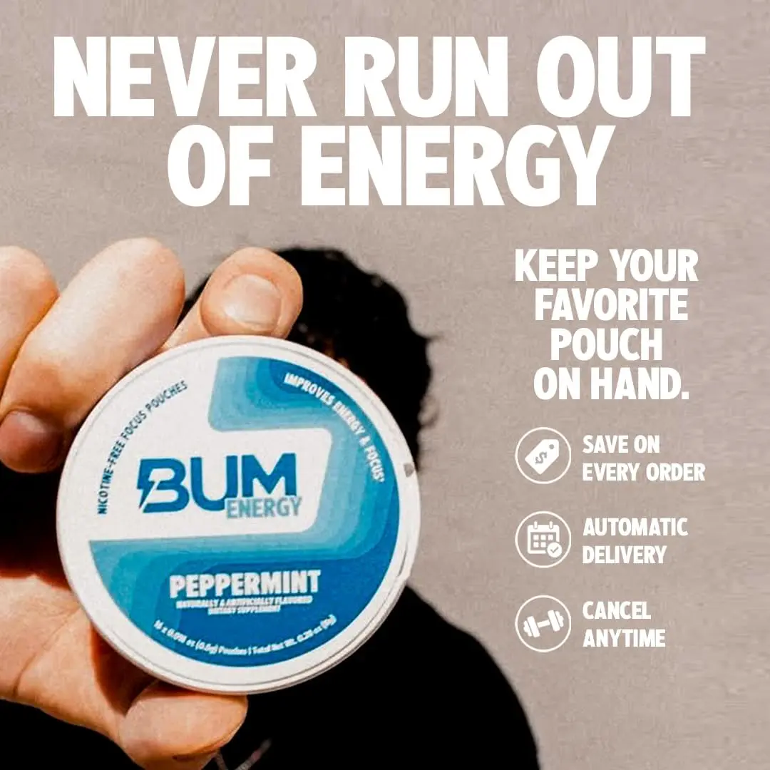 Bum Energy Pouches, Single Pack, Wintergreen, 30mg Caffeine + 125mg Cognizin Citicoline, Clean Energy & Focus, Discreet Oral Energy Pouches